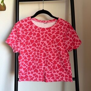 Pink Heart Patterned Ribbed Crop Top
